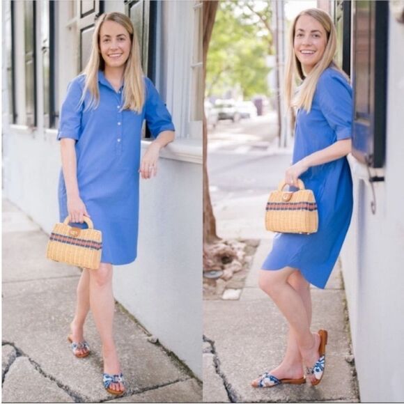 J McLaughlin Arissa Dress Size SM Blue Shift Pockets Classic Minimalist Preppy - Picture 1 of 11